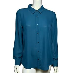 Laundry by Shelli Segal Teal Blue Long Sleeve Button Down Silky Blouse Size M